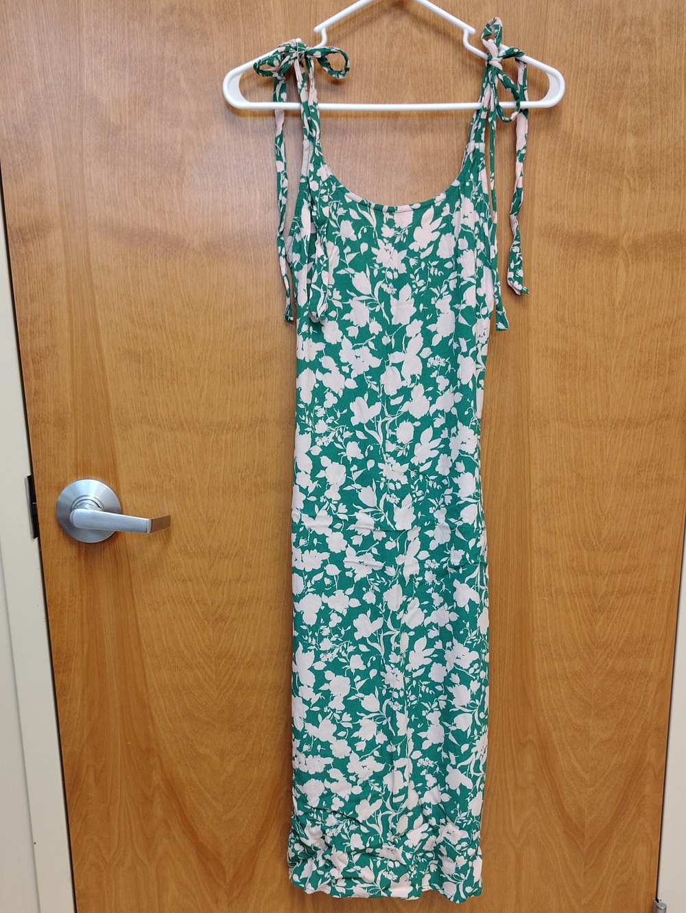 Green Floral Midi Slip Dress with Tie Straps